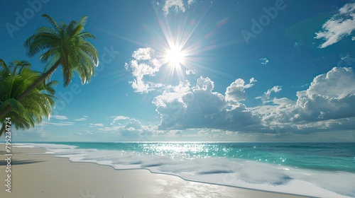 Tranquil Beachscape with Palm Tree and Clear Blue Sky