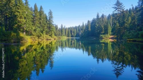 A tranquil lake nestled among towering trees, where the still waters reflect the lush foliage and clear blue sky with pristine clarity. © Bilal