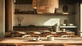 Warm sunlight in a stylish Japandi dining room with elegant wooden furniture and minimalist decor
