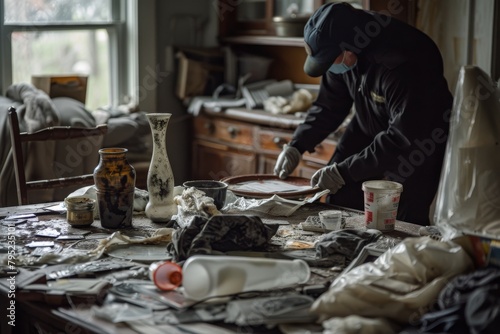 An intruder burglarizing a house is caught in the midst of rummaging through a heavily ransacked room photo