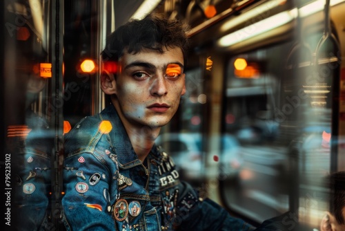 Teen boy with a contemplative gaze by the train window, showcasing a unique denim jacket adorned with badges
