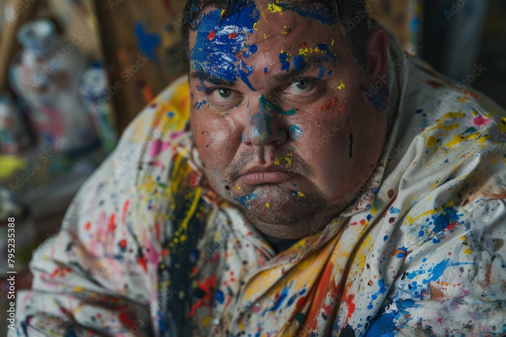 Obraz premium A detailed capture of a color-strewn painter's smock, showcasing the creative process and artistic expression through vibrant splatters