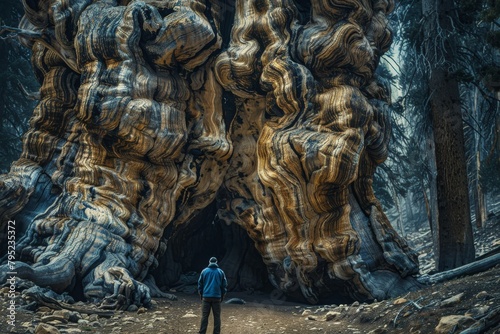 A man stands before a colossal tree with gnarled, twisting trunk, creating a sense of awe and timelessness in this powerful natural setting photo