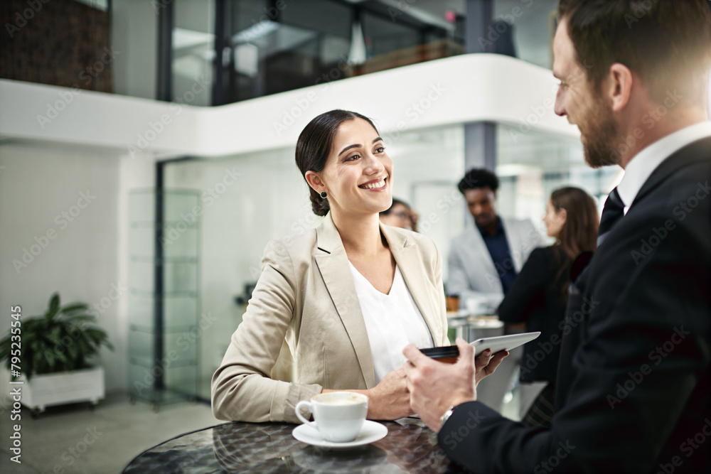 Corporate team, tablet and smile by coffee table for collaboration, success and bonding in office. Partners, socializing and talk work for deadlines, business and targets with smartphone for updates