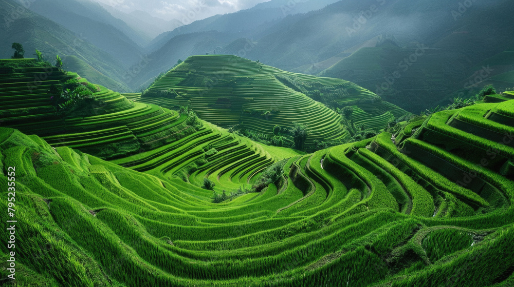 A lush green hillside with a view of the mountains A lush green hillside with a view of the mountains