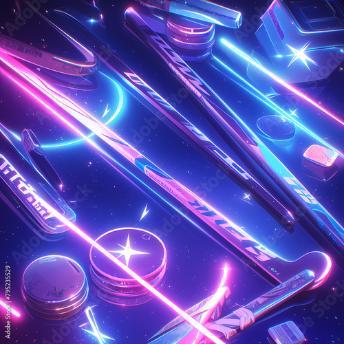 Vibrant Sports Gear Illustration: Neon Sticks & Pucks Await Action!