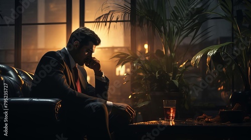 Atmospheric shot of a businessman sitting in subdued lighting, his silhouette barely visible, symbolizing solitude and reflection in a corporate setting