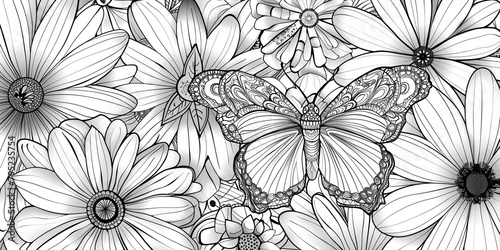 adults floral butterflies for coloring in the different colors in black and white pencil art  photo