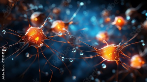 Closeup of a digital model of a motor neuron, highlighting synaptic connections and neurotransmitter activity, set in a neurological research environment photo