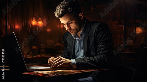 Closeup of a businessman sitting in near darkness, illuminated only by the soft glow of a laptop screen, reflecting a sense of isolation and latenight work