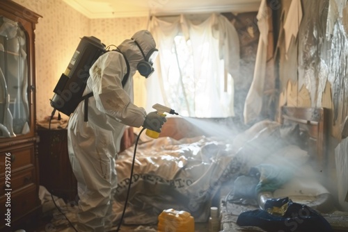 In a dimly lit room, a person in safety gear fumigates the area, demonstrating a deep clean routine