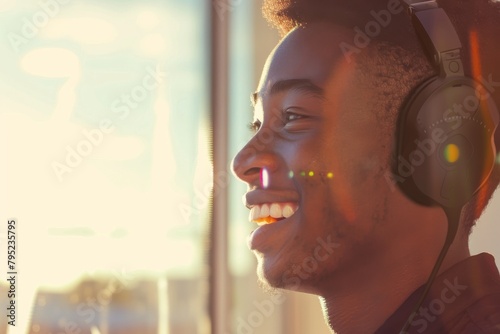 An individual is depicted wearing headphones bathed in the golden glow of sunlight, invoking a relaxed atmosphere