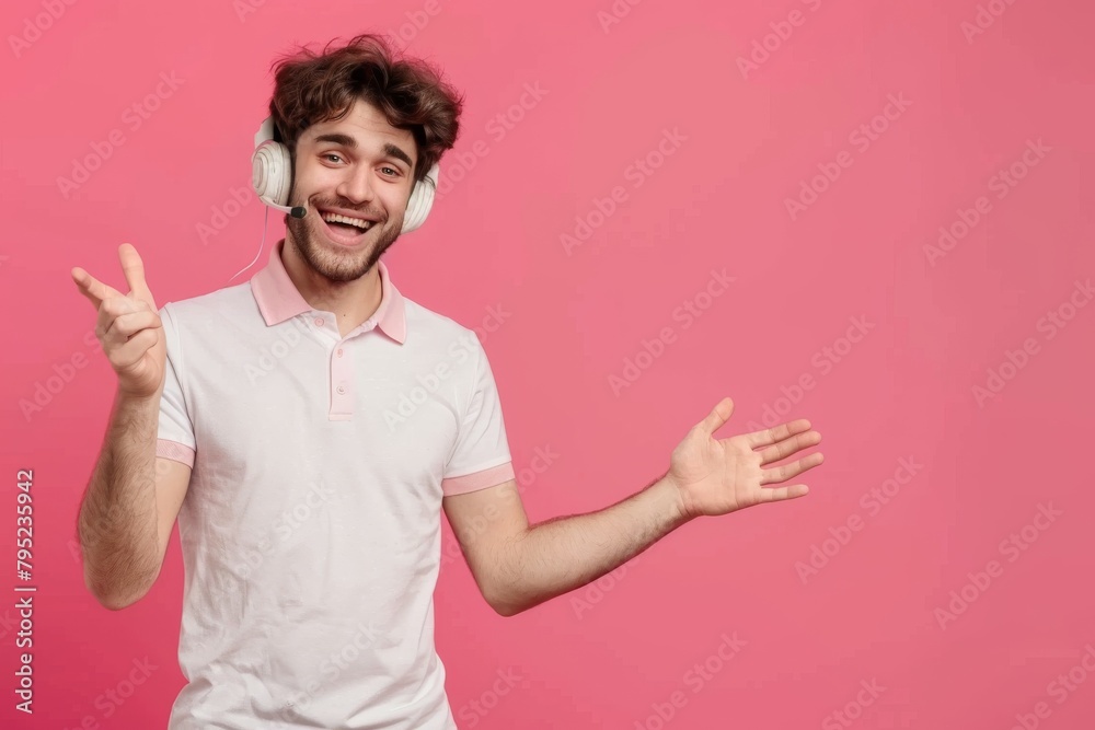 Joyous guy with headphones making a fun gesture, highlighted by a vibrant pink background Joyous guy with headphones making a fun gesture, highlighted by a vibrant pink background