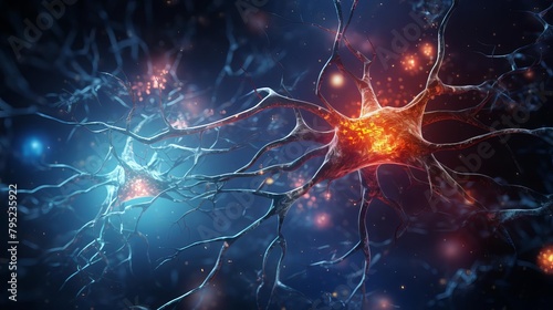 Detailed illustration of a motor neuron with dendrites and an axon, showcasing the complex structure in a scientific educational context