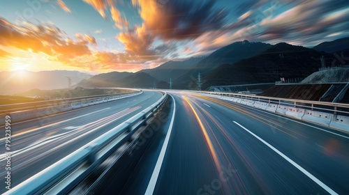Beautiful highway overpass in motion blur during sunrise with mountain background. AI generated photo