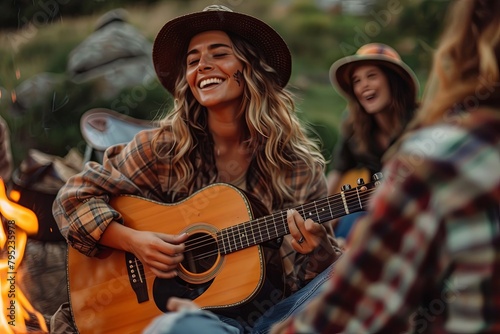 Woman playing guitar and singing at a campfire with friends. © Robert