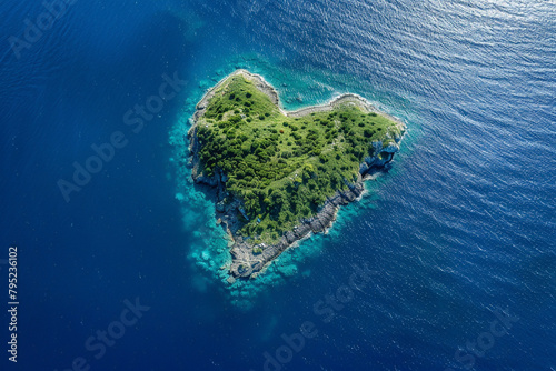 An aerial photograph of Heart Island, with its heart-shaped outline contrasting against the deep blue ocean.