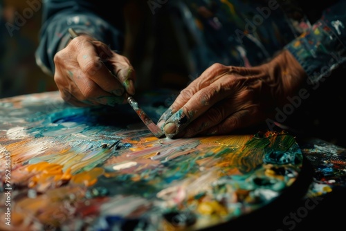 Artistic hands precisely controlling a palette knife over a canvas, immersed in the detail of oil painting photo