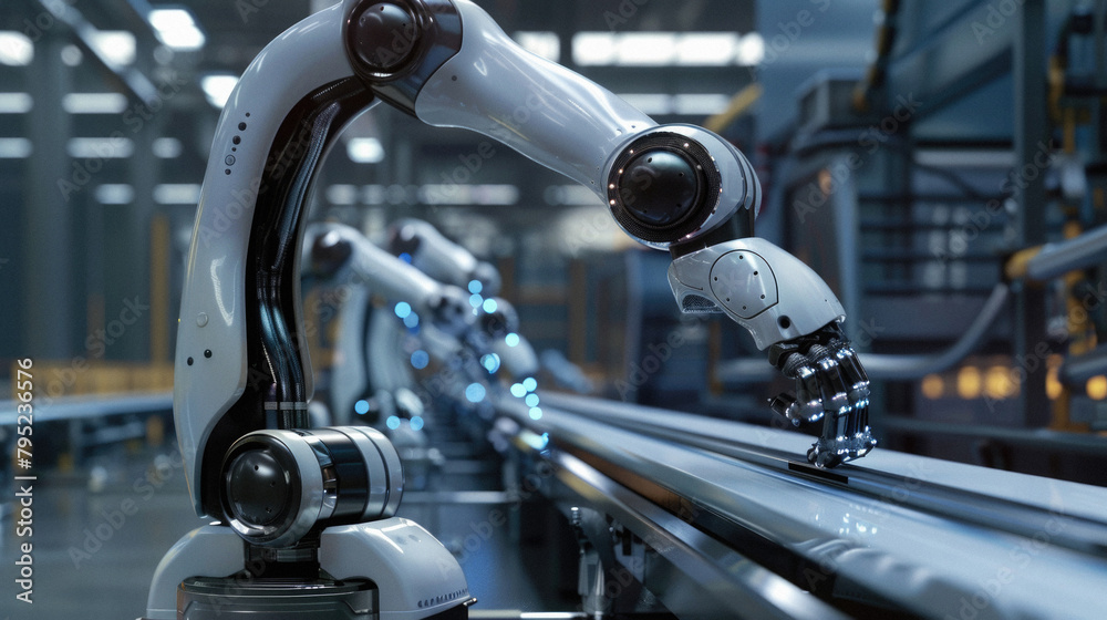 A robot is working on a conveyor belt in a factory A robot is working on a conveyor belt in a factory