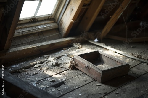 Abandoned attic scene with a dusty empty drawer amidst decaying wooden surroundings, lit by daylight
