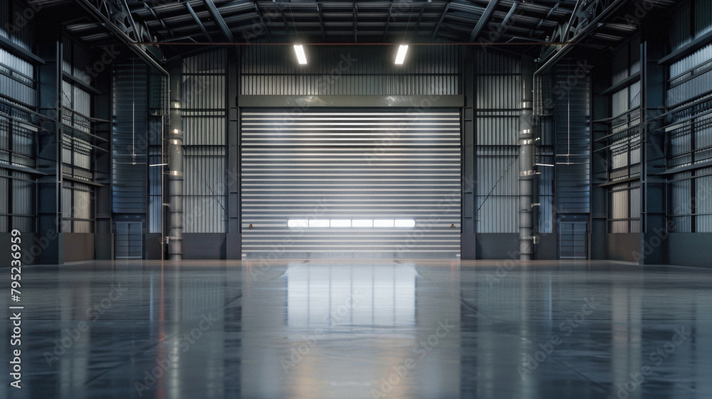 A large, empty warehouse with a large metal door