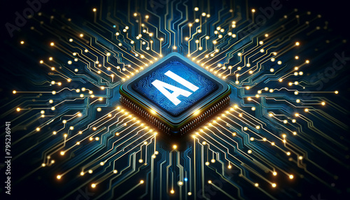 Microchip with AI logo, featuring radiant circuitry on dark backdrop symbolizing technology and data transfer. Network, artificial intelligence, information processing