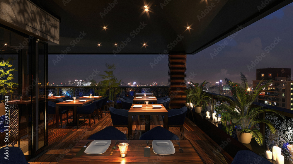 A restaurant with a view of the city at night A restaurant with a view of the city at night