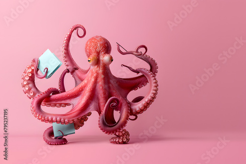 A meticulous octopus as a multitasking office manager, juggling several tasks, set against a productivity pink background with copy space on the left, representing efficiency and versatility