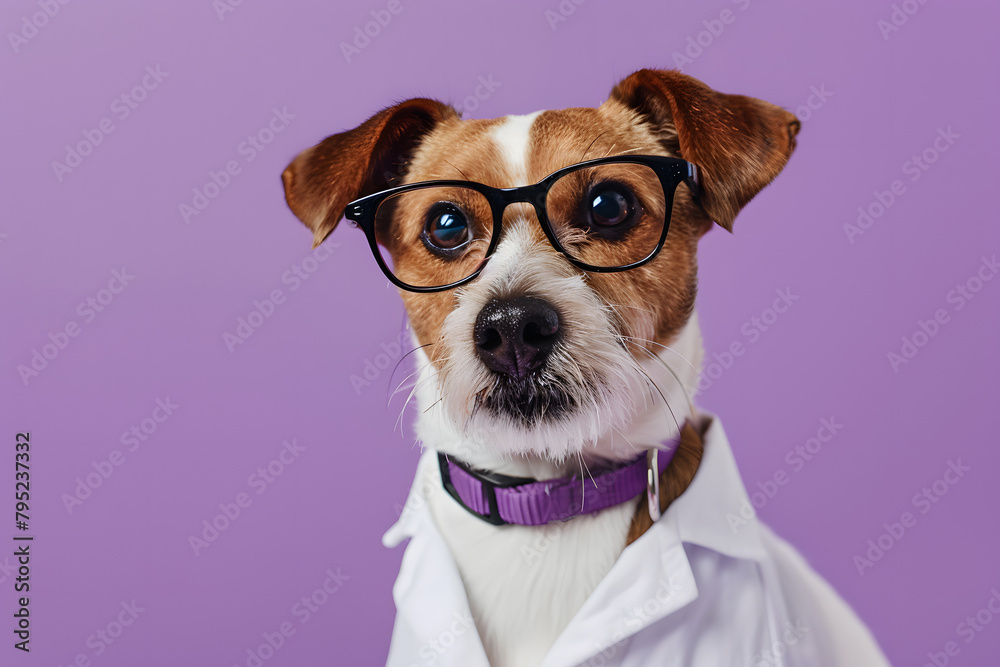 A friendly dog in a therapist's attire, listening intently, isolated on a counseling lavender background with copy space at the top, symbolizing empathy and support in mental health A friendly dog in a therapist's attire, listening intently, isolated on a counseling lavender background with copy space at the top, symbolizing empathy and support in mental health