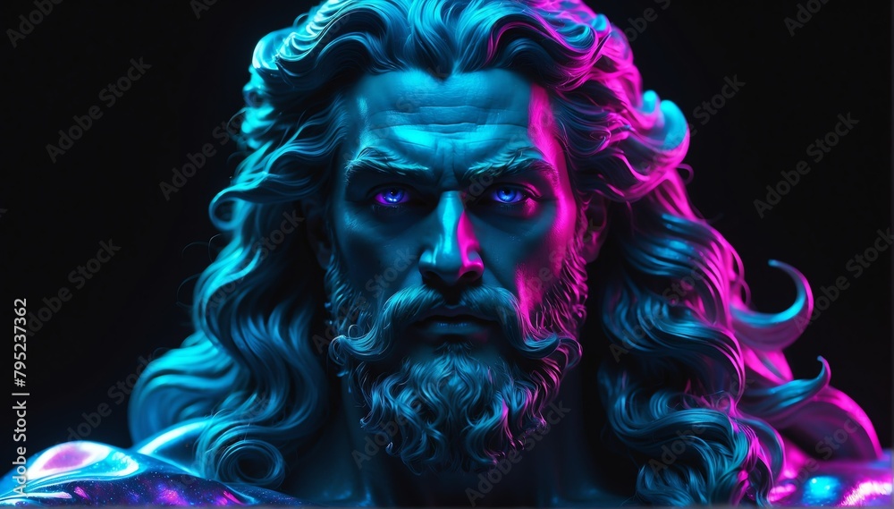 holographic glowing portrait of poseidon on black dark background from Generative AI