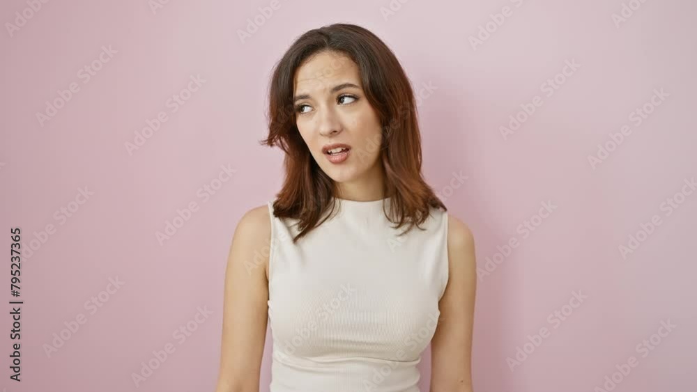 Distraught young hispanic woman gesturing suicide, mock shooting herself in the head over isolated pink backdrop Distraught young hispanic woman gesturing suicide, mock shooting herself in the head over isolated pink backdrop