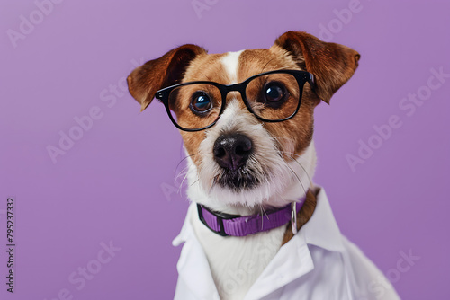 A friendly dog in a therapist's attire, listening intently, isolated on a counseling lavender background with copy space at the top, symbolizing empathy and support in mental health