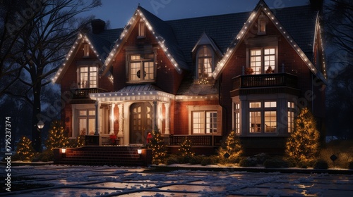 Beautiful red brick house with decorative lights