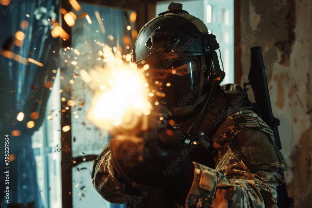 A focused soldier is aiming his gun while sparks fly, indicating a fierce confrontation in progress