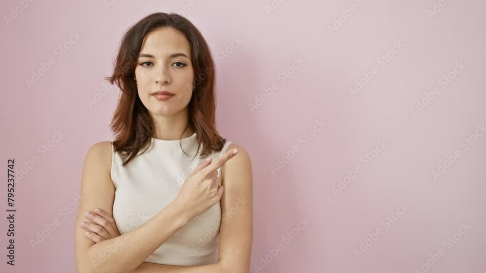 Confident young hispanic woman, in pink, wearing sleeveless t-shirt, stands against isolated background, pointing finger to side ad space with serious face expression. Confident young hispanic woman, in pink, wearing sleeveless t-shirt, stands against isolated background, pointing finger to side ad space with serious face expression.