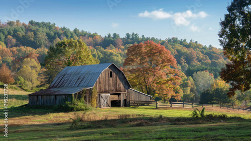 A rustic barn sits in a lush green field © Art AI Gallery