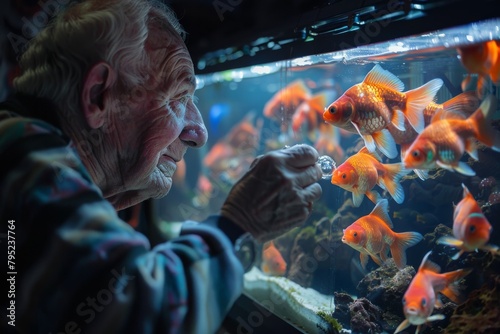 A serene scene with a senior individual nourishing vibrant goldfish in a clear aquarium, symbolizing care and tranquility
