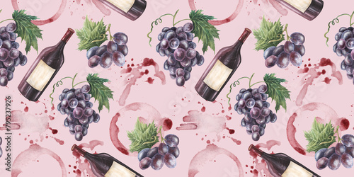 Bright watercolor wine bottle, purple grapes, splashes and stains seamless pattern. Hand drawn illustration. Pink background For textile, paper, fabric