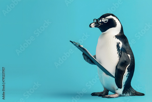 A poised penguin as a public relations manager, with a clipboard and wearing glasses, set against a media relations icy blue background, exemplifying professionalism and cool under pressure photo