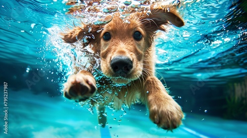 a dog swimming underwater with bubbles photo