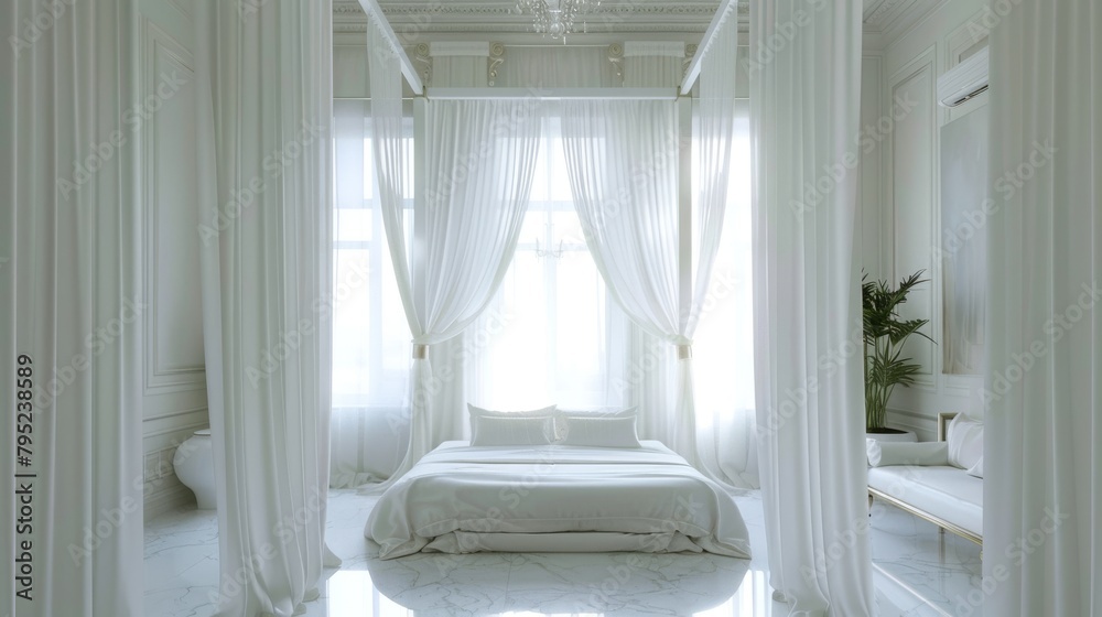 Fototapeta premium Elegant Neoclassical bedroom with white flowing curtains and bright natural light