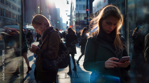 Streetlife in the Digital Age: A Scene of People Engrossed in Smartphones, Reflecting the Dominance of the Attention Economy photo