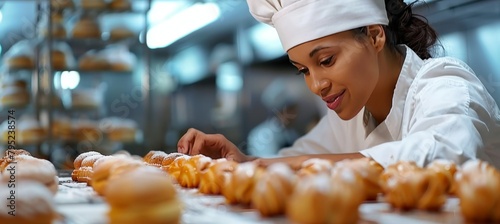A young woman pastry chef baking sweet bakery treats in a bright pastry shop with space for text