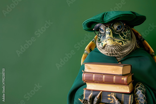 A scholarly turtle in academic robes and glasses, holding a stack of books, isolated on an education deep green background, symbolizing persistence and lifelong learning photo