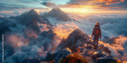 Celestial Ascent: A Lone Wanderer's Quest Amidst the Surreal Glow of Sunset-Infused Clouds