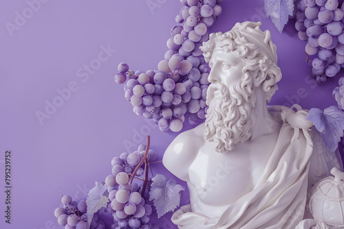 Statue of a Greek god of wine, surrounded by grapevines, jovial and festive, isolated on a celebration purple pastel background, symbolizing joy and festivities