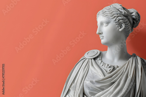 Sculpture of a Roman matron with traditional robes and jewelry, regal and dignified, isolated on a heritage coral pastel background, depicting classical femininity and grace