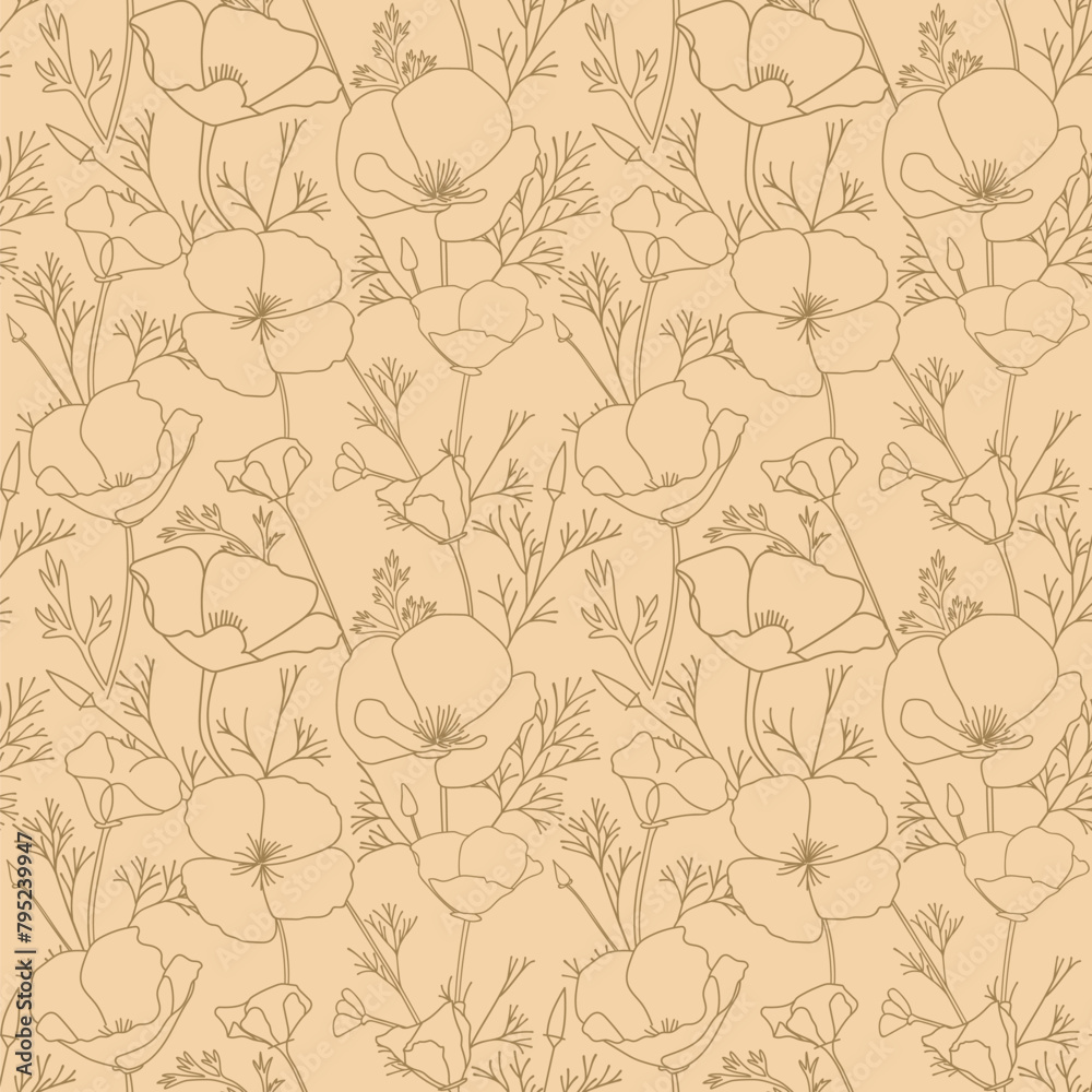 brown ornament with Eschscholzia flowers. Poppies - vector beige decorative seamless pattern