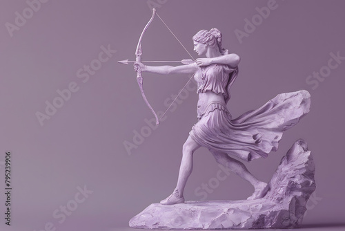 A sculpture of a Greek huntress with a bow, poised and focused, isolated on a wildness lavender pastel background, evoking themes of independence and strength