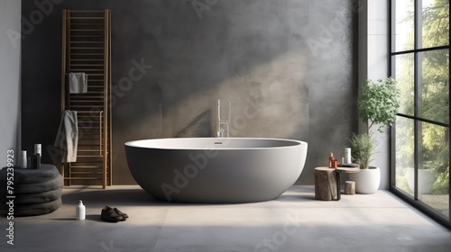 designed freestanding bathtub in a contemporary gray bathroom